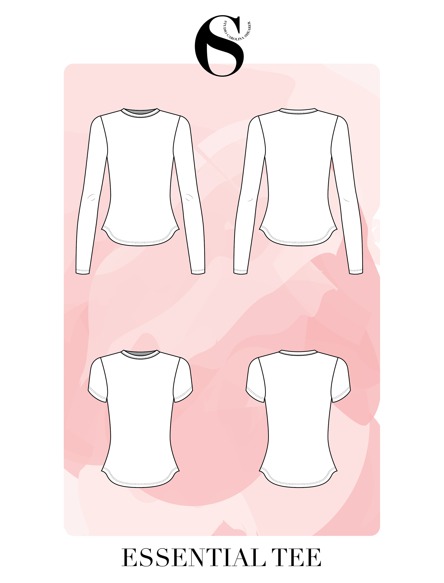Basic staple wardrobe jersey tshirt sewing pattern. Full length body, crewneck, short sleeves, long sleeves. Curved hemline. Plus size inclusive sewing pattern with Youtube sewing tutorial and step-by-step instructions.