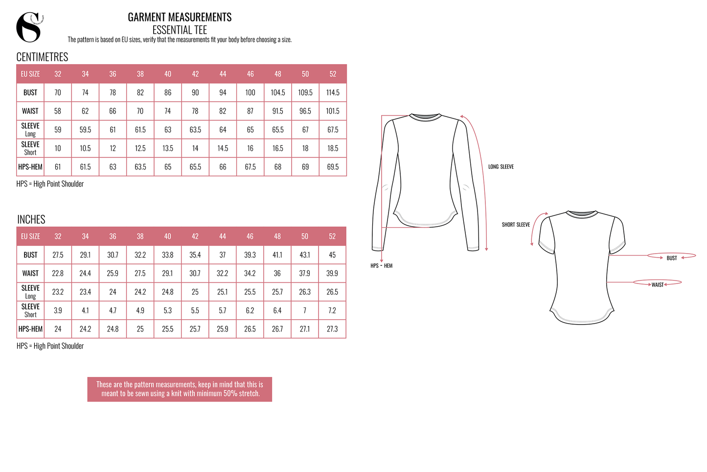 Basic staple wardrobe jersey tshirt sewing pattern. Full length body, crewneck, short sleeves, long sleeves. Curved hemline. Plus size inclusive sewing pattern with Youtube sewing tutorial and step-by-step instructions.