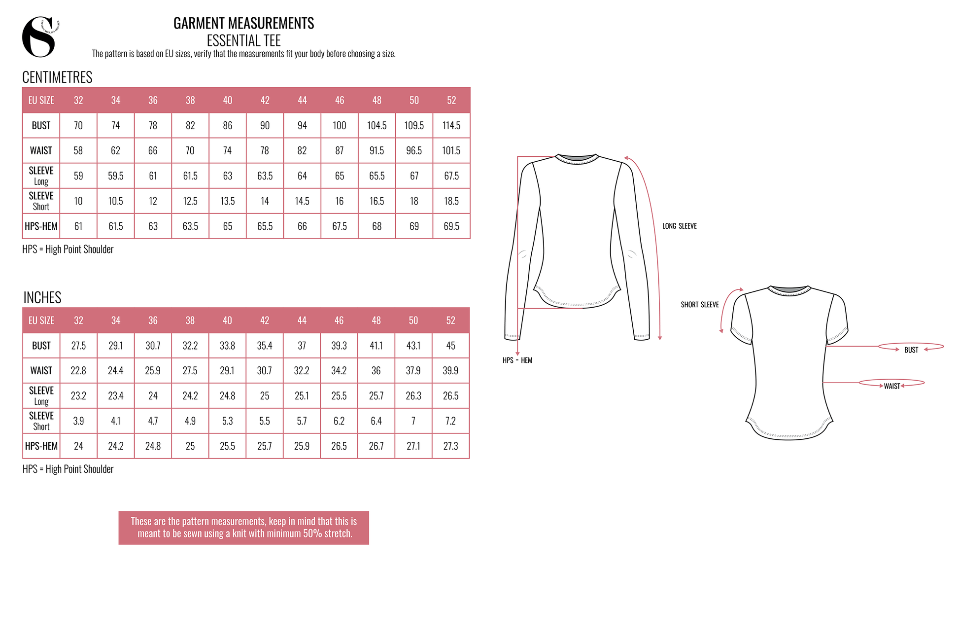 Basic staple wardrobe jersey tshirt sewing pattern. Full length body, crewneck, short sleeves, long sleeves. Curved hemline. Plus size inclusive sewing pattern with Youtube sewing tutorial and step-by-step instructions.