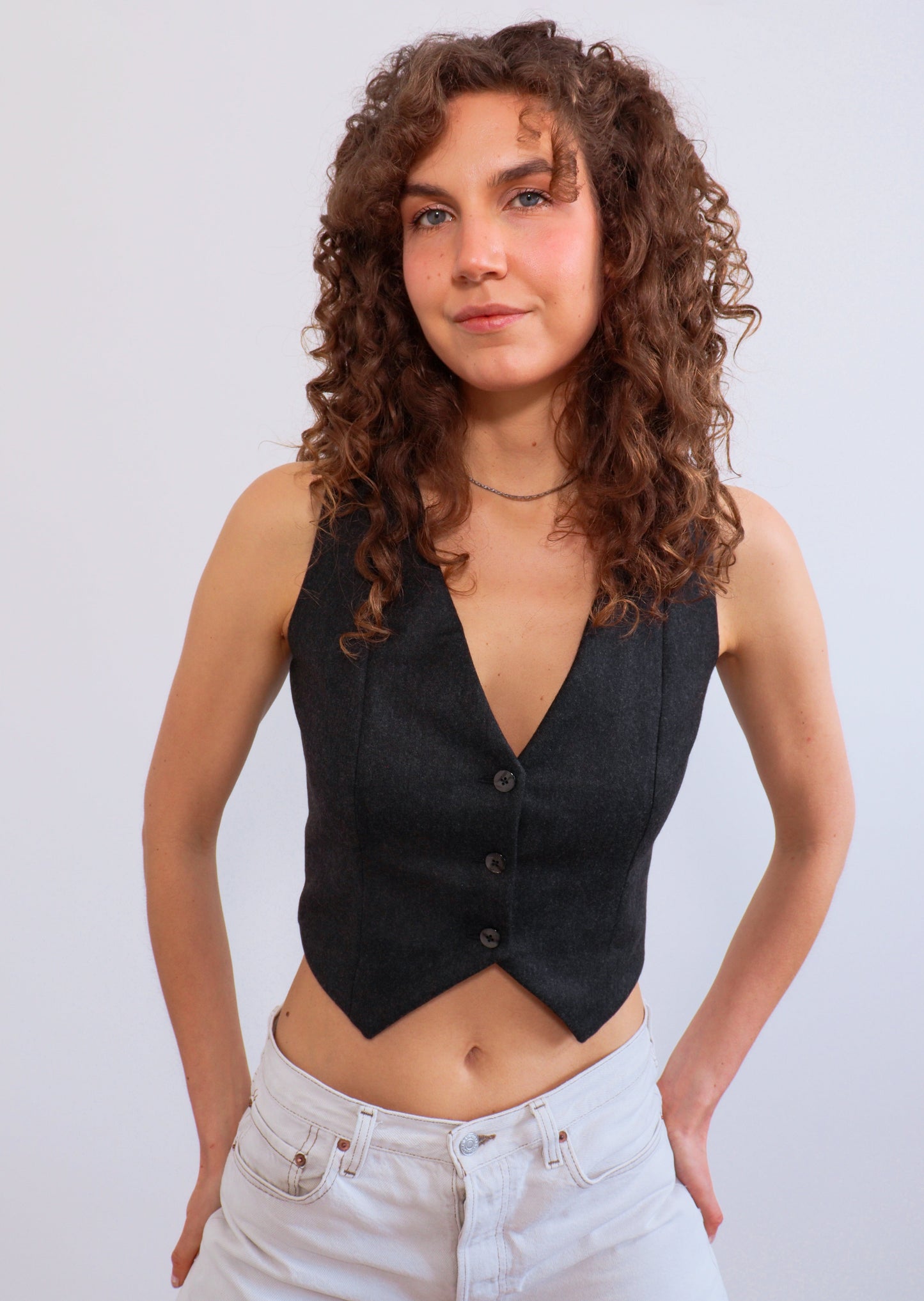 Buttons on center front, V-neck, women's waistcoat digital sewing pattern PDF.