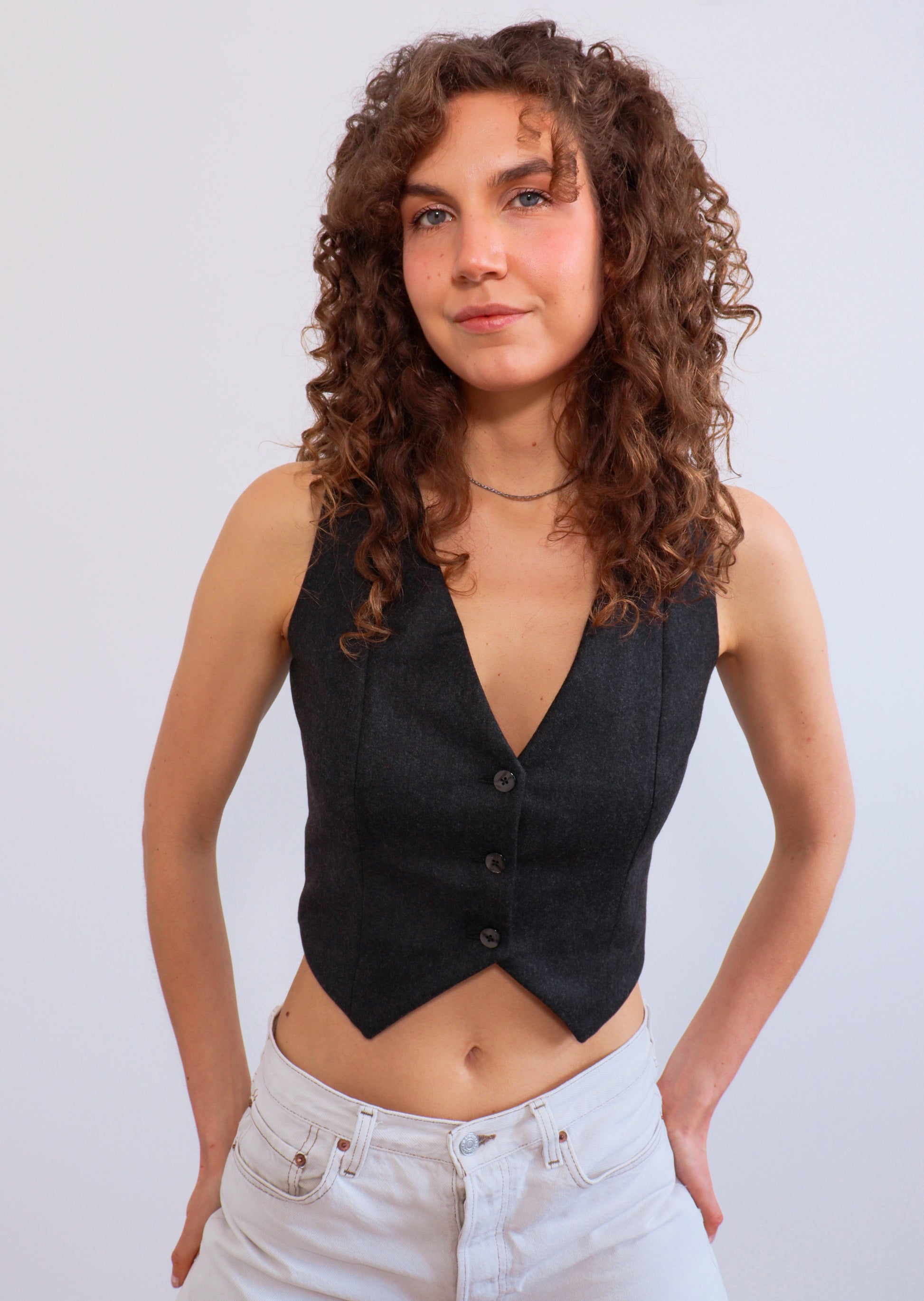 Buttons on center front, V-neck, women's waistcoat digital sewing pattern PDF.