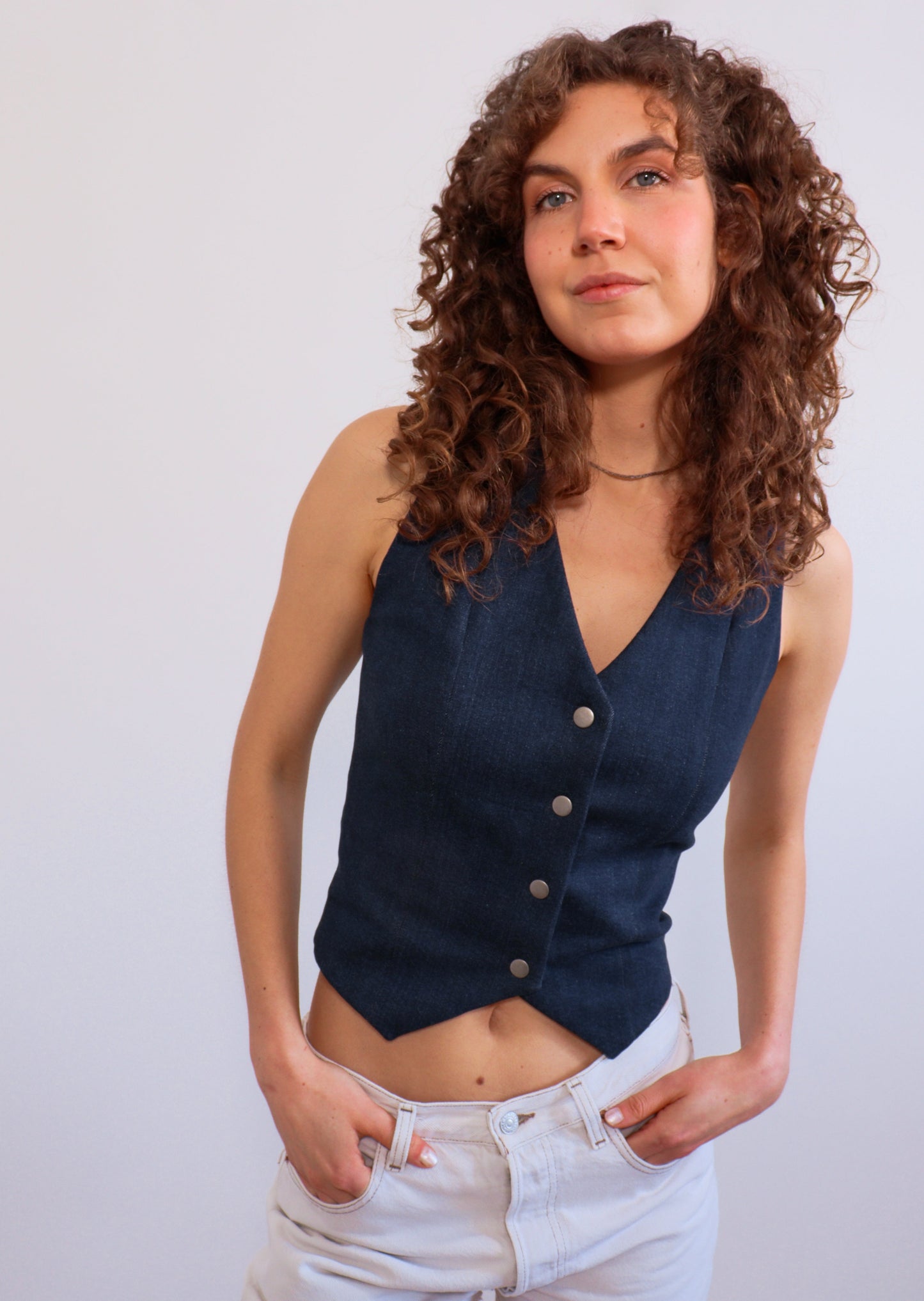 Blue Denim Jeans classic modern vest waistcoat, full length body. Women's fashion.