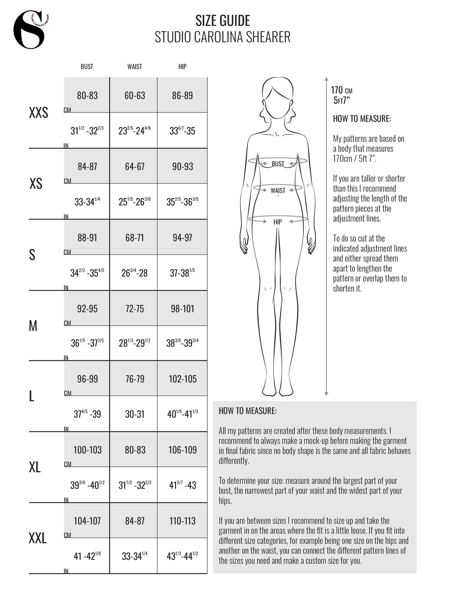 Size guide for sewing patterns.