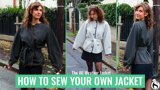 Classic jacket with large raglan sleeves and belt at waist. Buttons and pockets on front.  Easy, beginner friendly video sewing tutorial and detailed written instructions and illustrations, PDF sewing pattern.