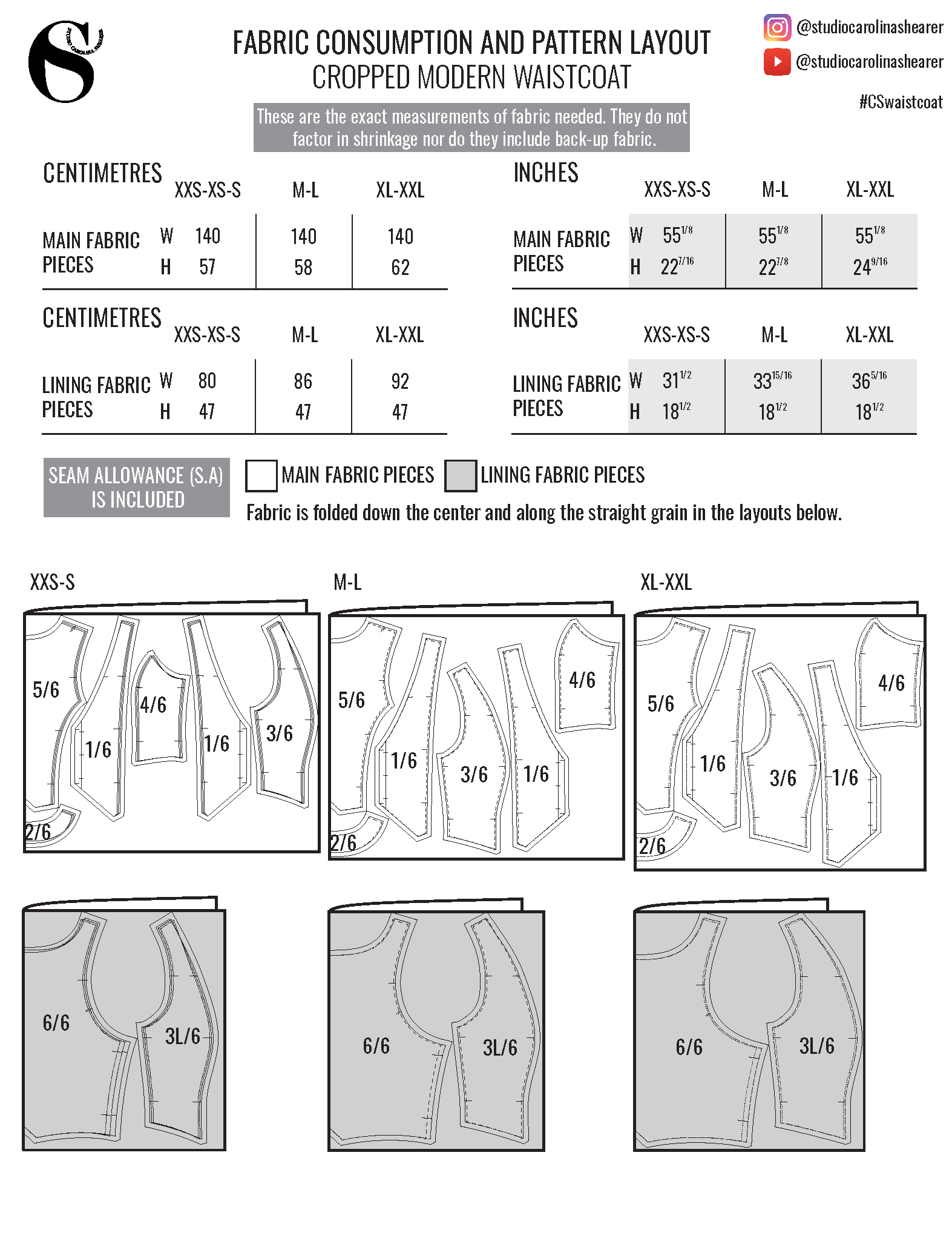Fabric consumption for the waistcoat vest sewing pattern in multiple sizes.
