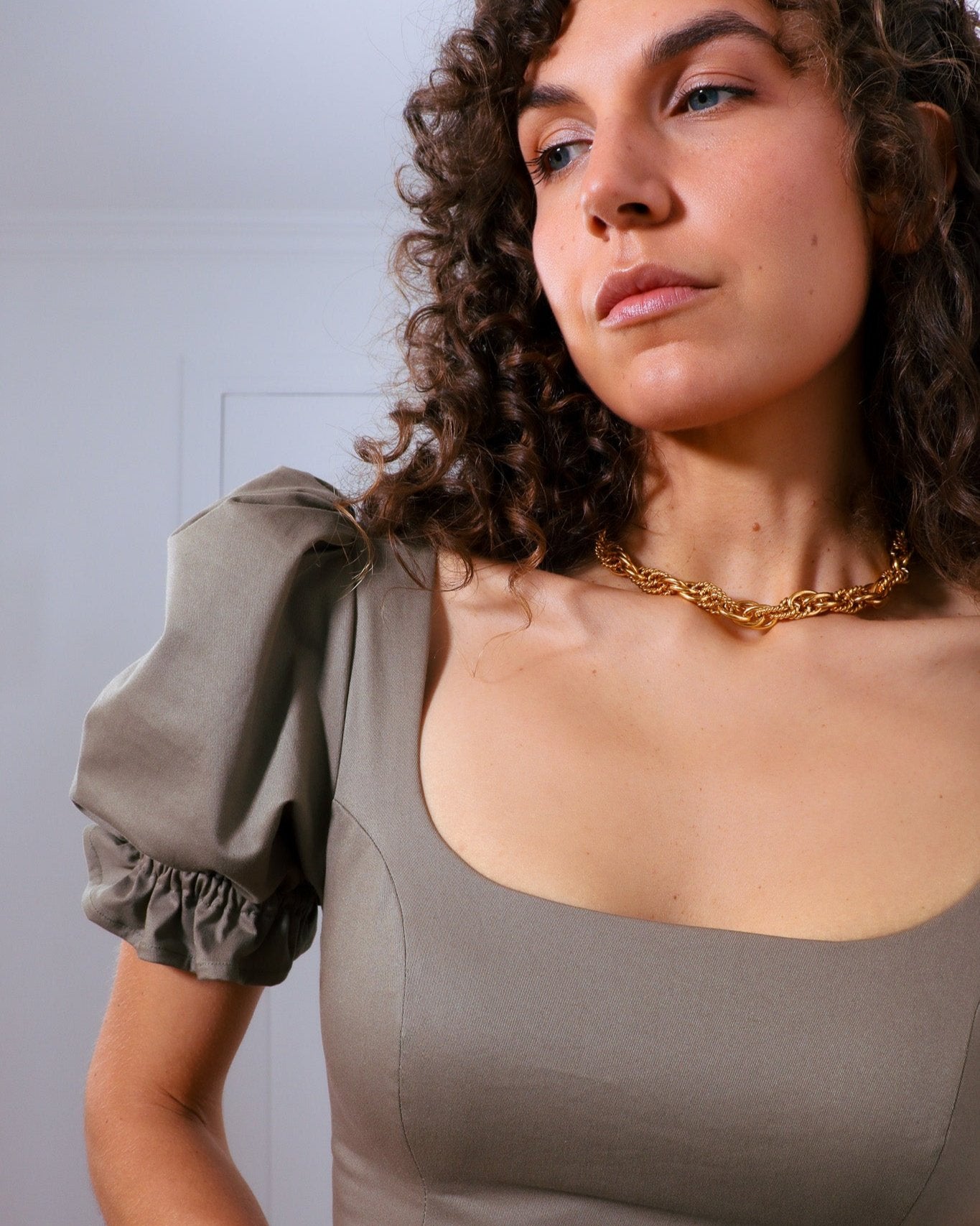 Romantic corset style top sewing pattern with princess seams and puffy short sleeves. Round neckline. Regency, regal, bridgerton, cottagecore blouse.