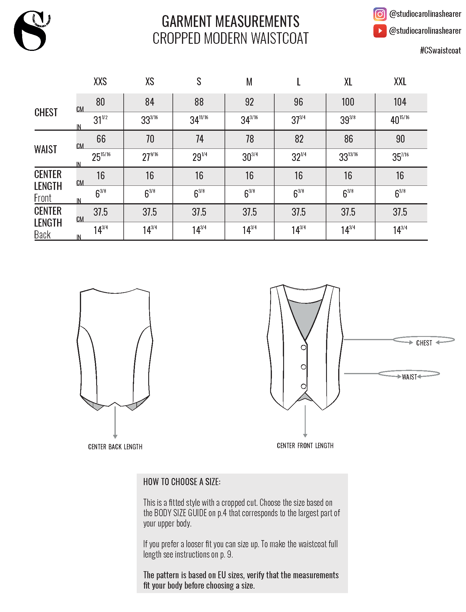 Garment measurements for the waistcoat in multiple sizes.