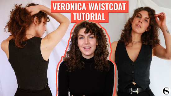 Modern, cropped waistcoat for women with buttons on front closing. Easy, beginner friendly video sewing tutorial and detailed written instructions and illustrations, PDF sewing pattern.